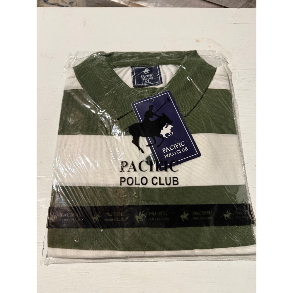 Pacific Polo Club Shirt Mens XL Green White Striped Short Sleeve NWT